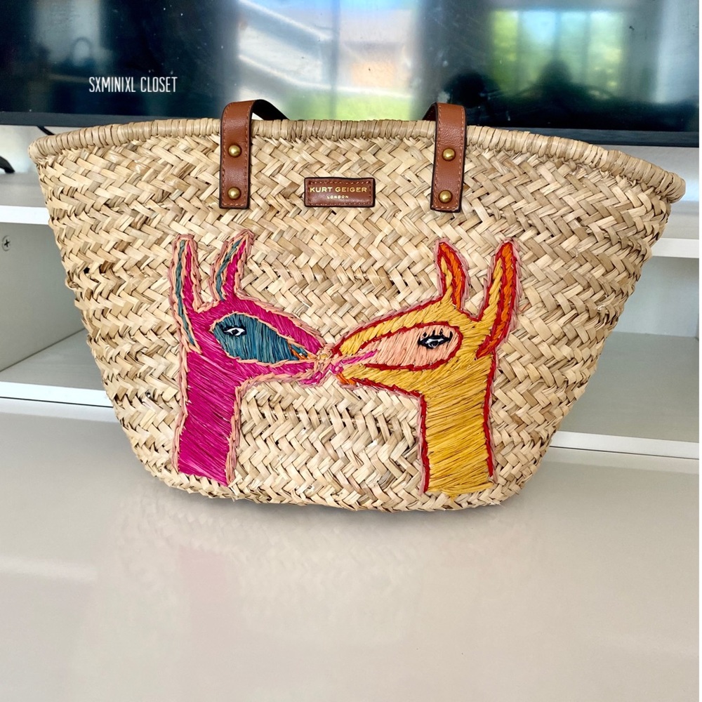 Kurt Geiger Kensington Embroidered Raffia Llama basket straws bag